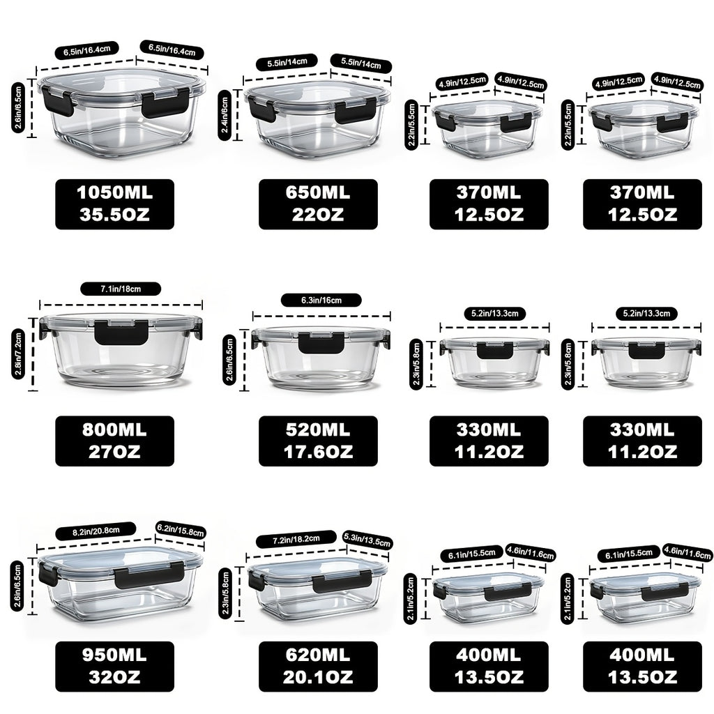 12pcs Thickened Glass Food Storage Containers with Lids Meal Prep Pantry Kitchen Storage Containers for Lunch Leak-Proof Airtight Glass Lunch Bento Boxes for Microwave Oven Freezer And Dishwasher