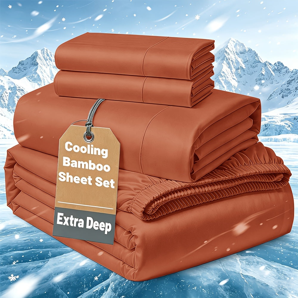 Cooling Bamboo Bedding Set with Flat Sheet, Deep Pocket Fitted Sheet and Pillowcases, Soft Breathable Sheets in 13 Colors for Twin Full Queen King