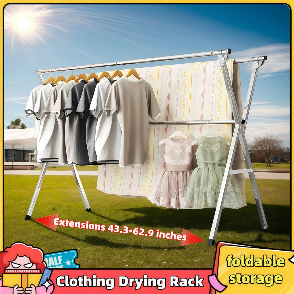 Foldable Metal Clothes Drying Rack, Adjustable Three Rod, with Space-Saving Storage, for Indoor And Outdoor Use, for Clothes, Blankets And Bedding, Drying Racks