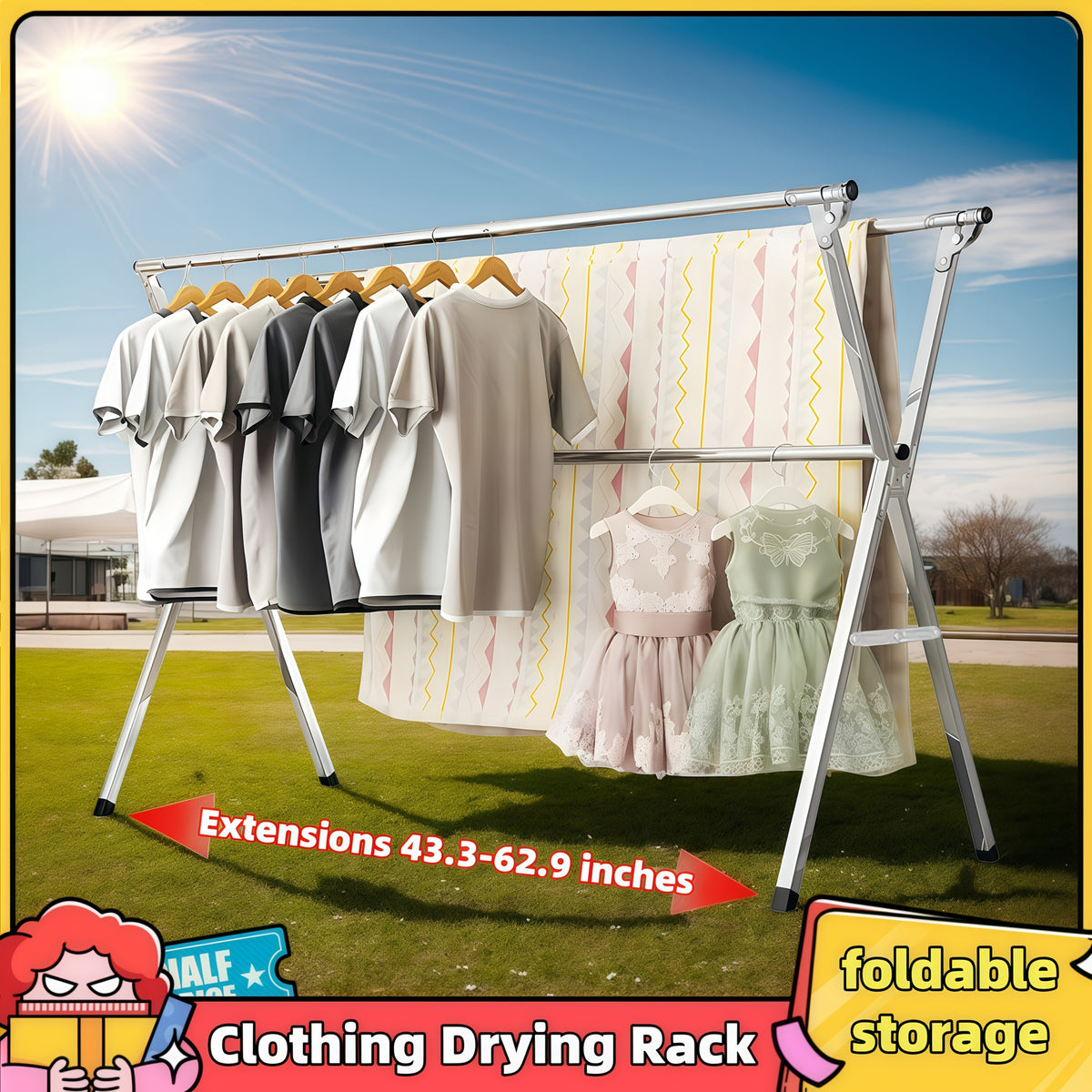 Foldable Metal Clothes Drying Rack, Adjustable Three Rod, with Space-Saving Storage, for Indoor And Outdoor Use, for Clothes, Blankets And Bedding, Drying Racks