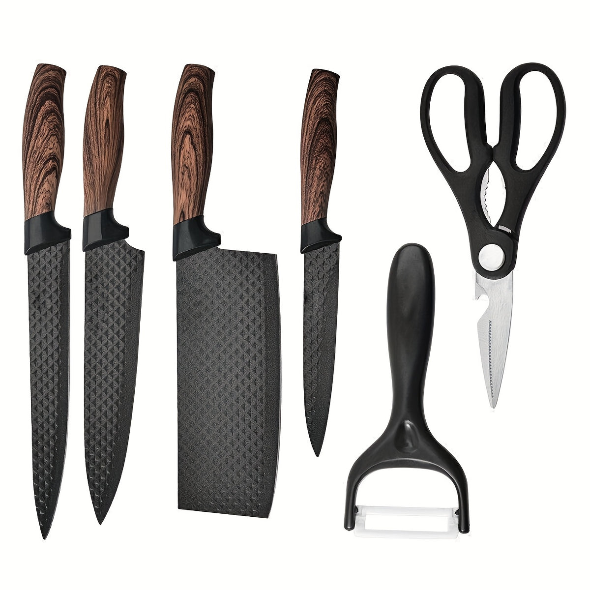 Professional 6/7pcs Cooking Utensil Set, Practical Knife, Peeler, And Scissors Made Of High-carbon Stainless Steel With Ultra-sharp Edges And Non-stick Ergonomic Wooden Handles. Chef'S Knife Set, Suitable For Family Travel, Vegetable, Meat