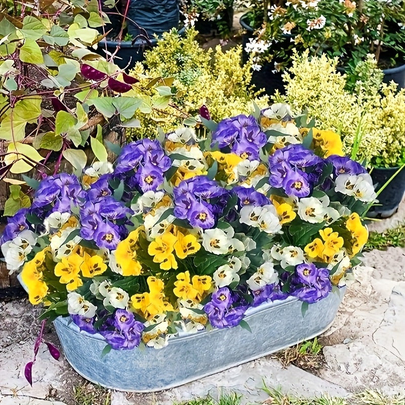 Artificial Pansy Flowers, 6-Bunch Yellow Purple and White Plastic Floral Set for Indoor Outdoor Home and Garden Decor, Low-Maintenance Arrangements