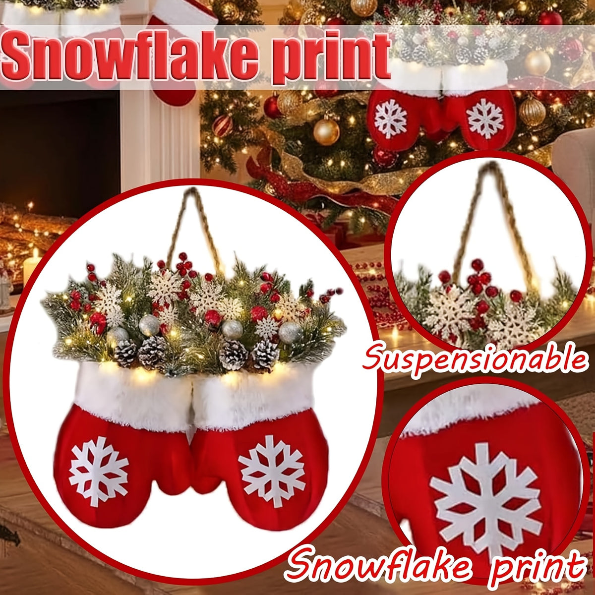 Christmas Mitten Door Wreath with 20 Flashing LEDs, Red Snowflake Gloves, Artificial Pine, Berries and Frosted Pine Cones for Holiday Wall Decor