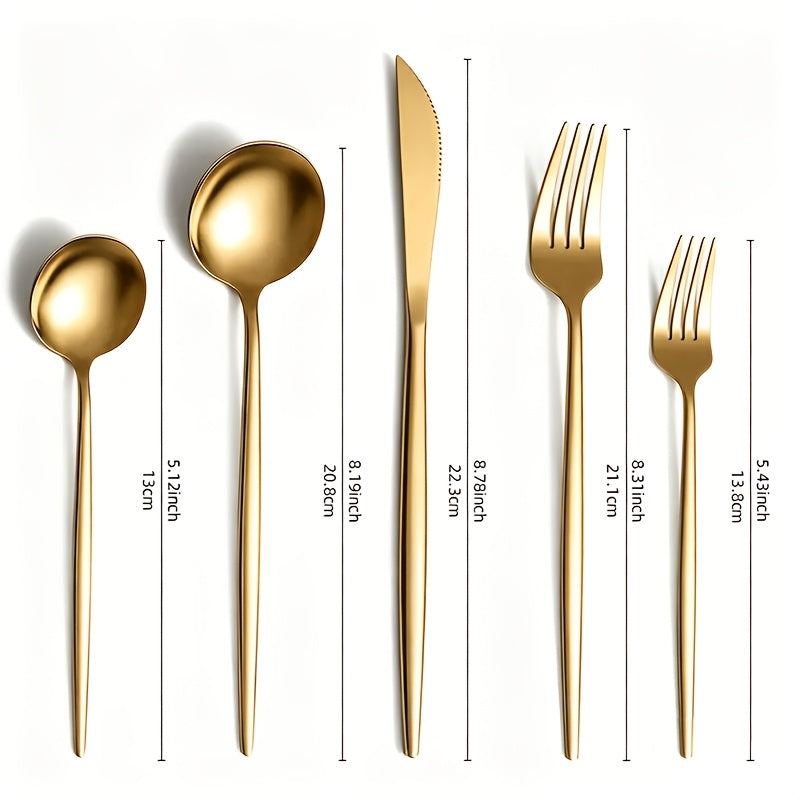 30/60pcs Stainless Steel Cutlery Set, Including Steak Knife, Fork, Spoon And Teaspoon, Dinner Fork, Dinner Spoon, Fruit Fork, Dessert Spoon, Coffee Spoon, Mirror Polished, Suitable for Family Restaurants, Hotels, Parties, Weddings, Copper Cutlery Se