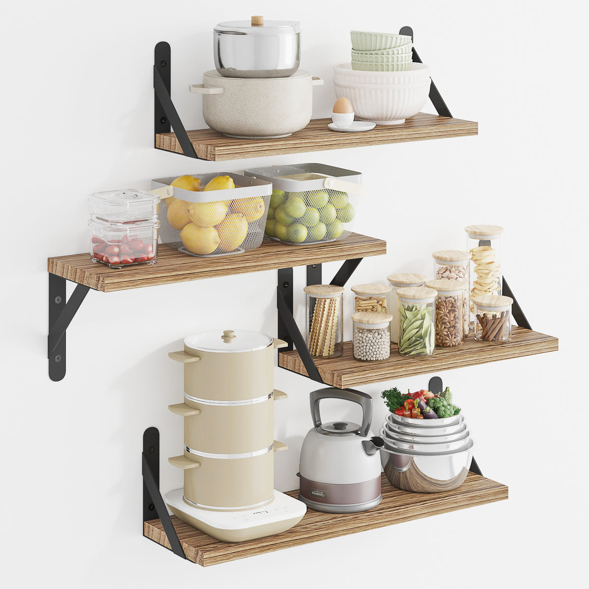 Farmhouse Floating Wall Shelves, Set of 4 Different-Size Natural Wood Boards with Triangle Metal Brackets for Bedroom, Bathroom and Kitchen Storage