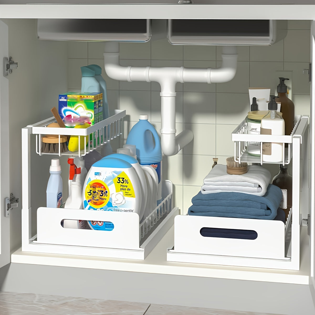 Two-Tier Under-Sink Organizer Featuring a Sliding Drawer, Metal Pull-Out Storage Rack for Kitchen, Bathroom, Or Closet, Designed for Space Efficiency And Easy Access