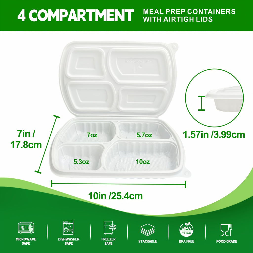 50-Pack 4-Compartment White Clamshell Meal Prep Containers, Disposable Bento Box, Food Storage Container, Bpa-Free, Stackable, Portion Control, Freezer/Microwave Safe, Great for Labor Day, Picnics, Parties & Outdoor Events, Local Warehouse