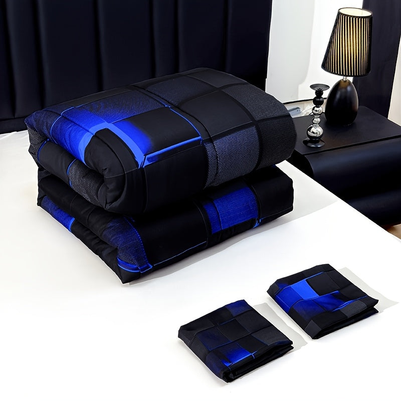 2D Flat Tog 4 3pcs Super Soft Fashion Sense Of Technology Grid Thickening Quilt Set (1 Comforter +2 Pillowcases Without Pillow Core), Contains Padding 180Gsm Quilting Soft Ventilate Digital Printing Bedroom Dormitory At Home Perfect Halloween Gift