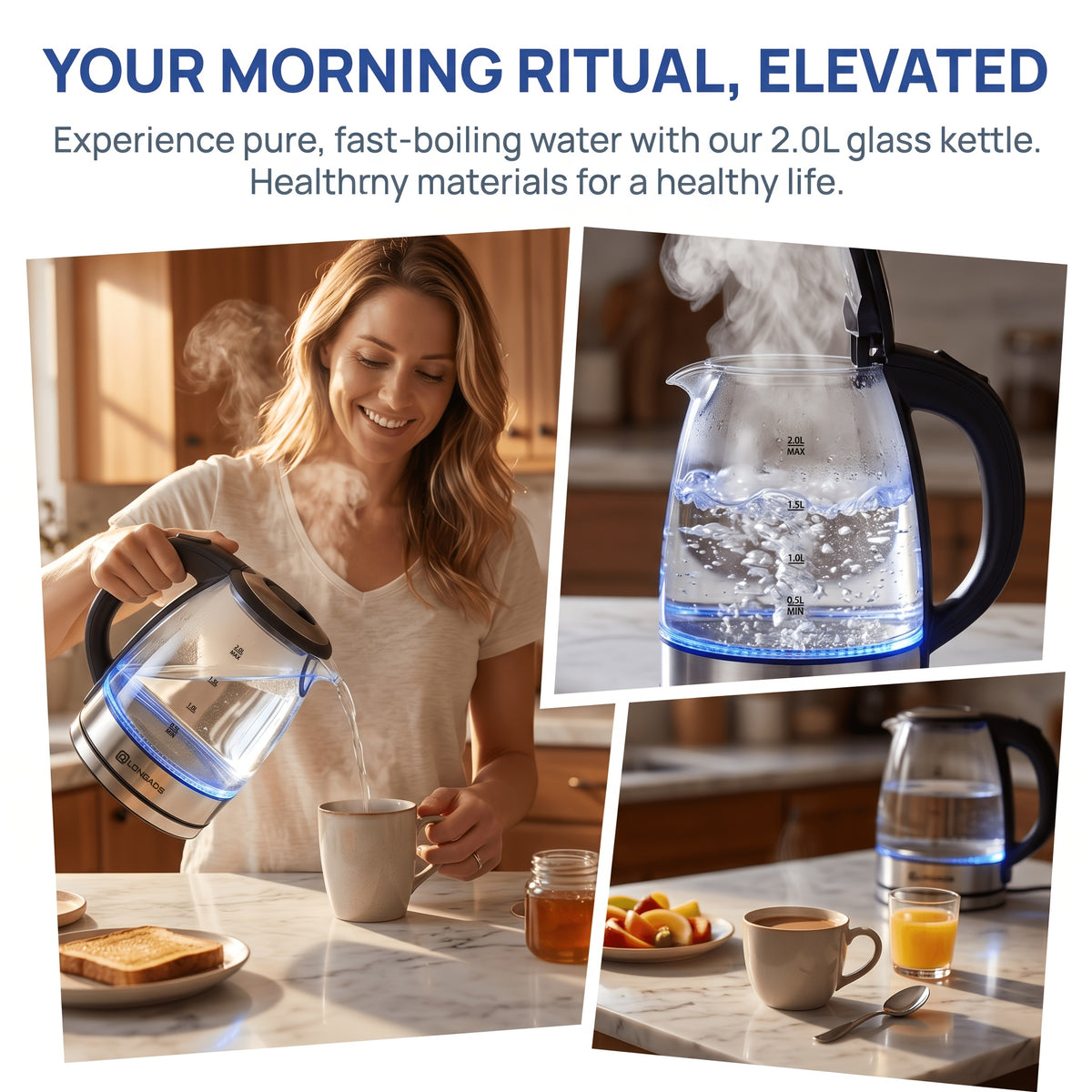 Electric Kettle, 67.63oz Large Capacity, Glass Electric Kettle, 1000W High Power, Anti-dry Burning And Rapid Heating, Suitable For Kitchen, Dining Room And Living Room, For Brewing Coffee And Milk, Saving More Heating Time And Being Safer.