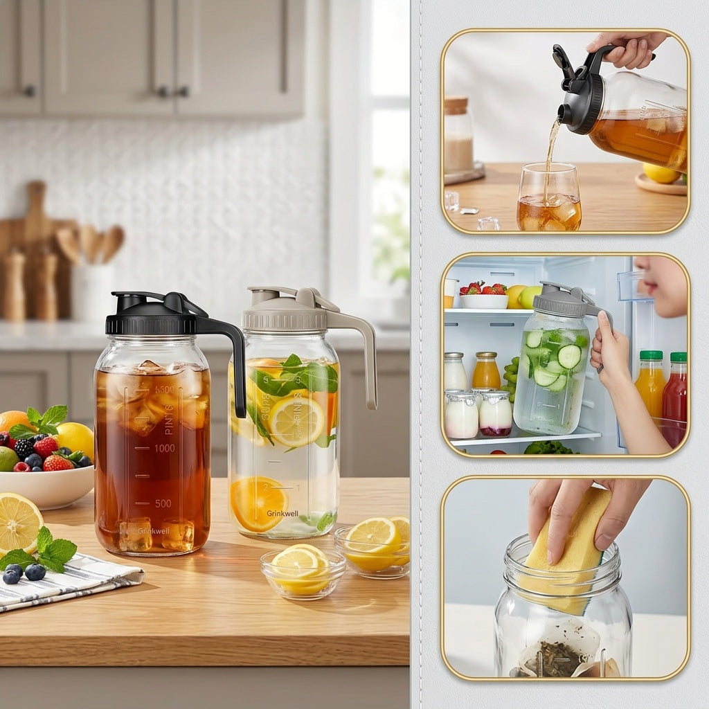 Grinkwell 64Oz Mason Jar with Handle And Lid, 2/3 Pack, Bpa-Free High Borosilicate Glass, Sports And Outdoor Beverage Carafe, Leak-Proof, for Ramadan, Christmas, New Year