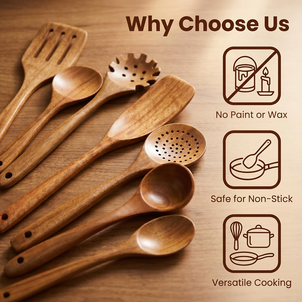 A Set of 10pcs High-Quality Thick-Walled Teak Cookware, Non-Stick Friendly, Heat-Resistant, with Ergonomic Handles, Comfortable Grip, Suitable for Stirring, Baking, Serving And Easy Cooking, 730G/ 1.61Lb