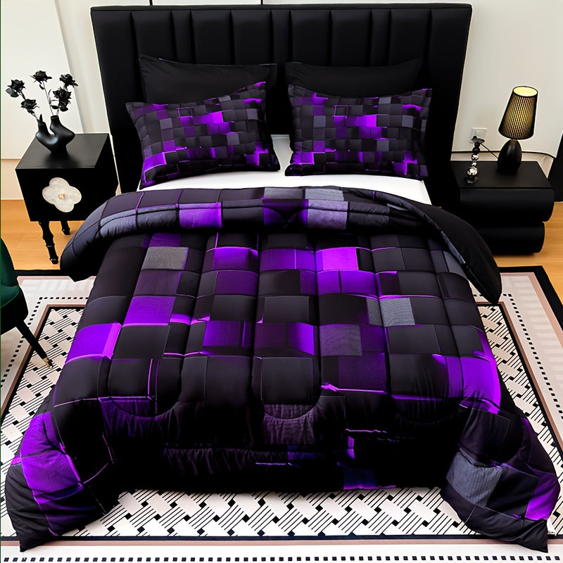 2D Flat Tog 4 3pcs Super Soft Fashion Sense Of Technology Grid Thickening Quilt Set (1 Comforter +2 Pillowcases Without Pillow Core), Contains Padding 180Gsm Quilting Soft Ventilate Digital Printing Bedroom Dormitory At Home Perfect Halloween Gift