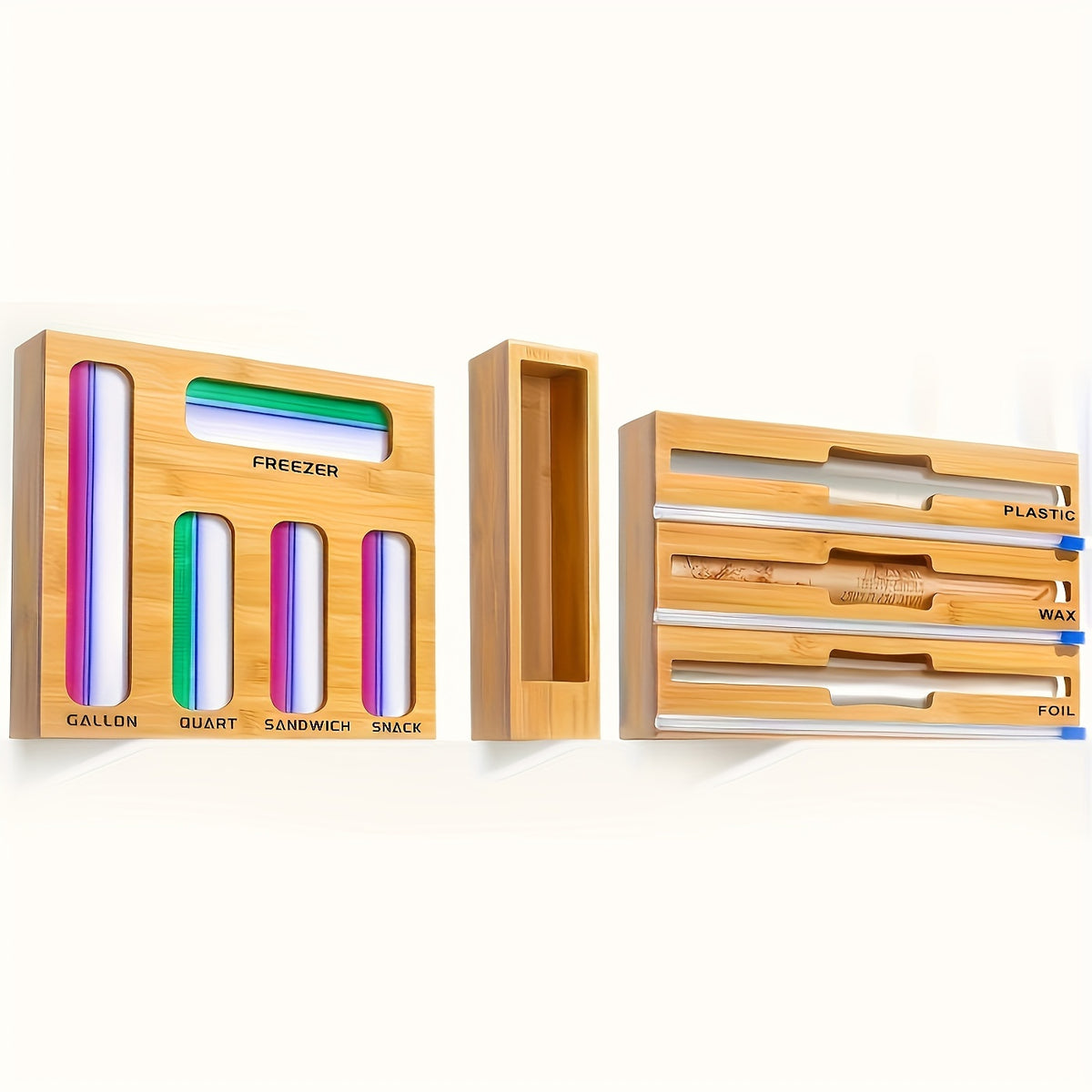 1pc 9 IN 1 Storage Bag Organizer for Kitchen Drawer, Bamboo Foil And Plastic Wrap with Cutter, Organizers Compatible Gallon, Quart, Sandwich Snack Size