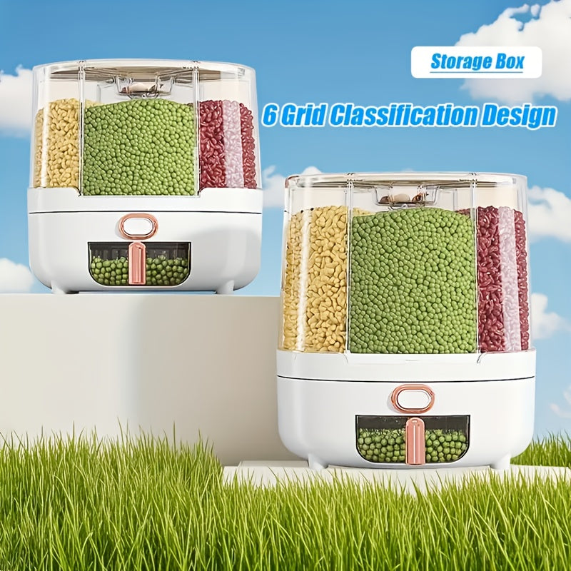 Rotating for rice Bucket | 6-Grid Cereal Dispenser, Large Capacity for rice Bucket | Airtight Dispenser with a Transparent Window, Features Moisture-Proof And Insect-Proof Design, Suitable for Rice, Cereals