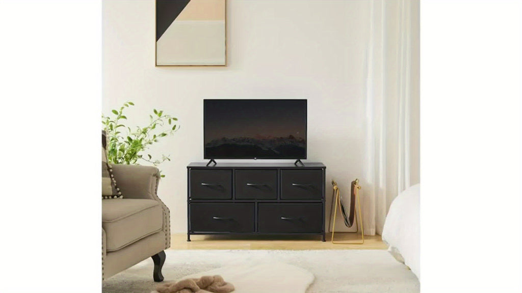 5-Drawer Cabinet Tower, Father'S Day Gift, TV Stand for Bedroom, TV Dresser for 45 Inches, Media Console Table, Entertainment Center with 5 Fabric Drawers Cabinet And Open Storage Shelf Other (Furniture) Cabinet for Living Room, Hallway