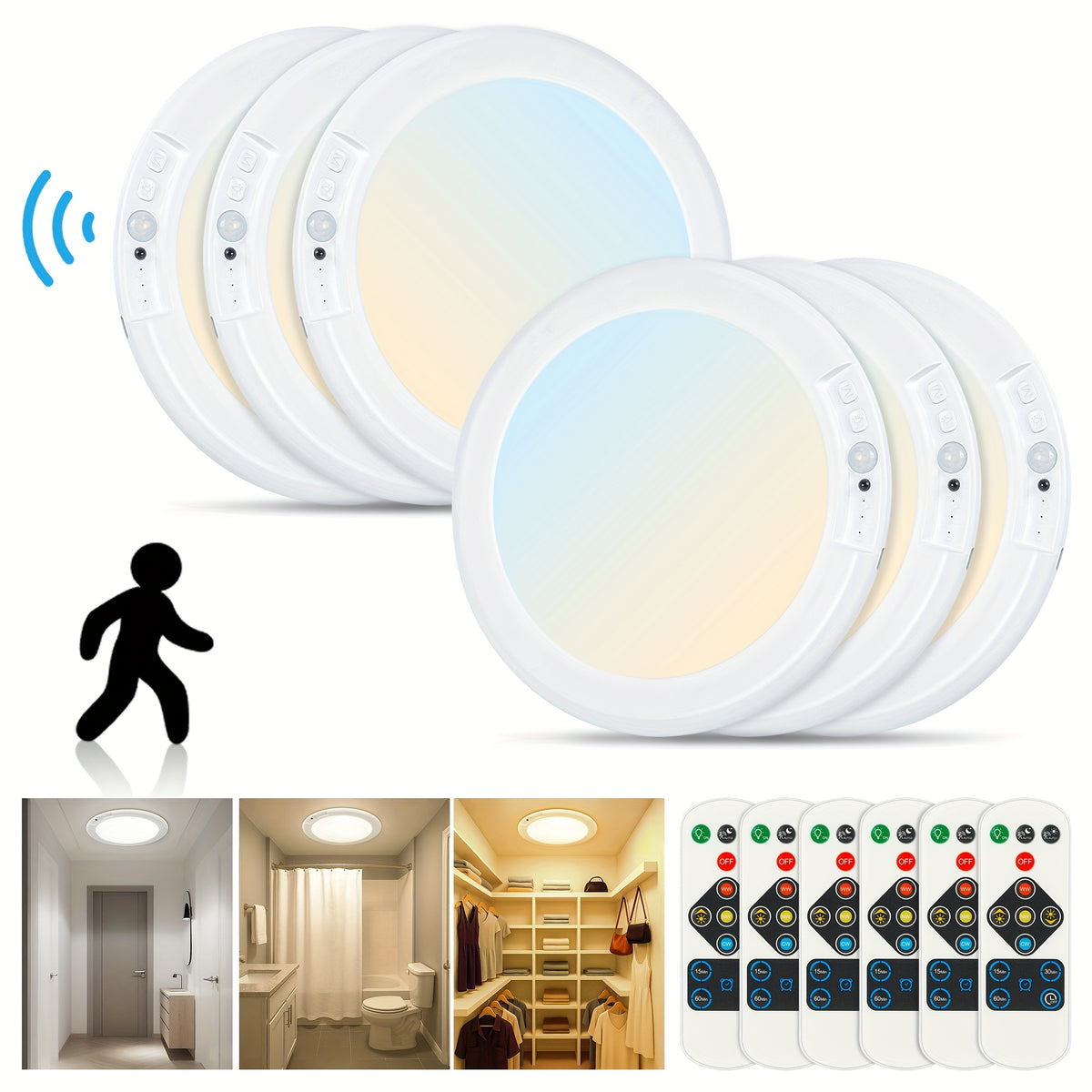8/6/4/2/1Pack Rechargeable LED Ceiling Light with Motion Sensor, 3 Lighting Options, 10 Brightness Levels Battery Operated Closet Lights, Remote Control Dimmable Timing Motion Shower Lights for Living Bathroom Pantry Hallway Porch(3000K/4500K/6500K)