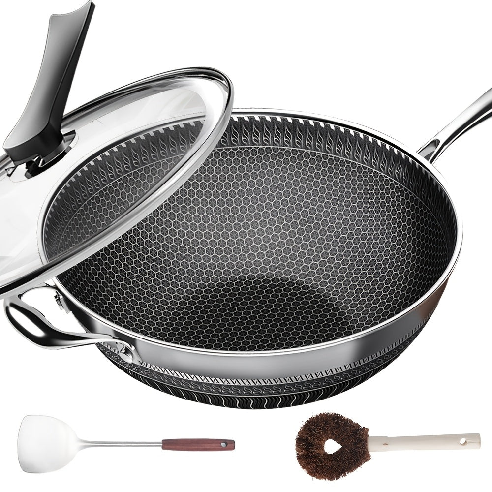 13.3-Inch Tri-Ply Stainless Steel Non-Stick Wok with Lid And 2pcs Cookware Additions, Honeycomb Design, Home Cooking Pan, Suitable for All Stoves, Kitchen Utensils, Kitchen Tools, Kitchen Accessory, Kitchen Supplies Camping