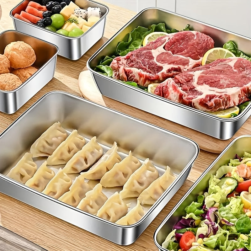 Purchase Three And Receive Two at No Cost, Making a Total of Five Stainless Steel Food Storage Containers - Sturdy Baking Trays That Come with Complimentary Lids, Reusable, Ideal for Picnics, Meal Preparation, Organizing The Refrigerator