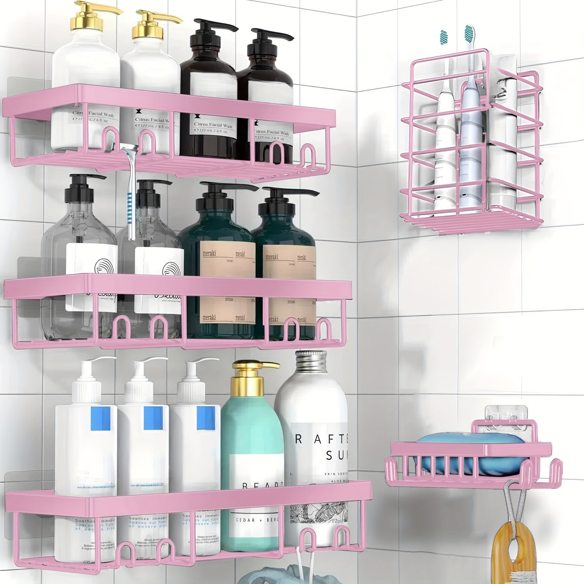 Shower Caddy, 5 Pack Shower Organizer Rack for Inside Shower, Self Adhesived Shower Shelf Large Capacity Rustproof Stainless Steel Bathroom Wall Storage Shower Basket, Random Color Properties to Choose, Shower Caddies