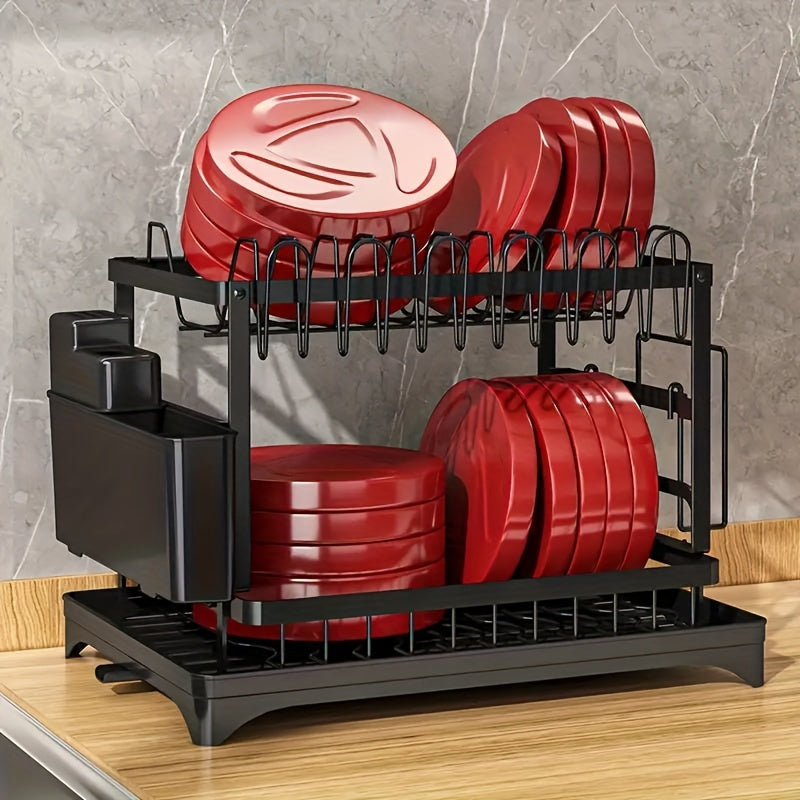 2 Tier And 1 Tier Dish Drying Rack for Kitchen Counter, Dish Drainers for Kitchen Counter with Drainboard, Metal Kitchen Dish Rack with Drain, Kitchen Drying Rack Two Tier, Black Dish Racks, Spoons And Fork