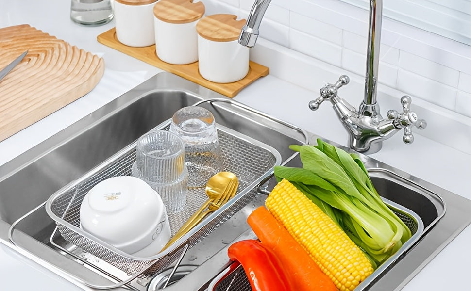 Large Expandable Stainless Steel Colander – Adjustable Folding Design, Portable Telescopic Fruit and Vegetable Rack, Food-Grade Durable Kitchen Essential, Produce Washing Basket, Easy-to-Clean Material