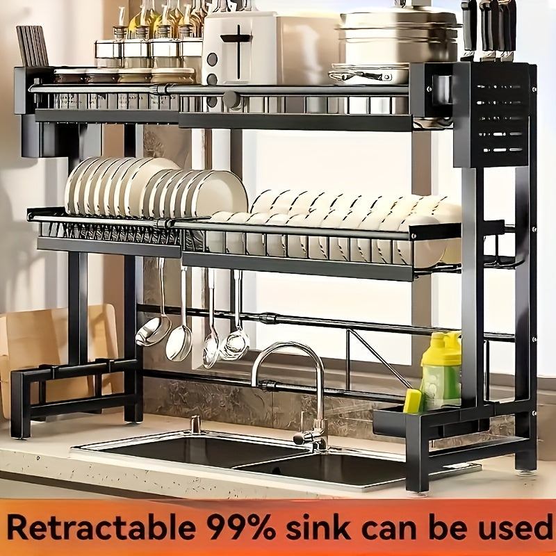 Expandable Multi-Tier Black Kitchen Organizer with Dish Rack, Drainage Tray, Spice Shelf & Towel Holder - Space-Saving Sink Storage for Dishes, Utensils | Durable Black Metal | Dustproof Design, Kitchen Accessories, Kitchen Organizers And Storage