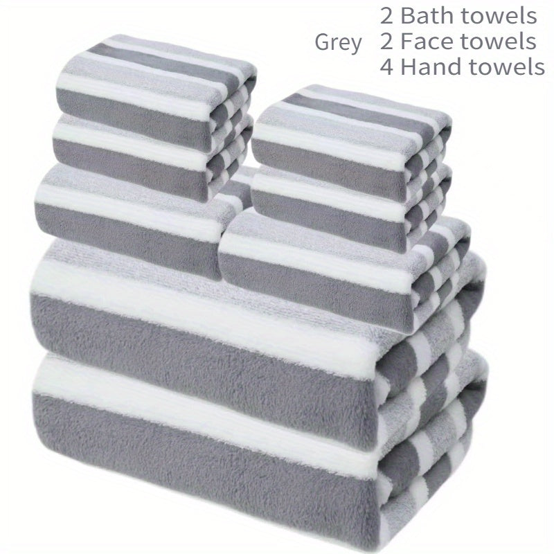8pcs Lint-Free Super Absorbent Soft Five-Star Hotel Standard Two-Color Striped Spaced Bath Towel Set, Including 2 Large Bath Towels, 2 Medium Bath Towels And 4 Small Bath Towels, Wash Cloths