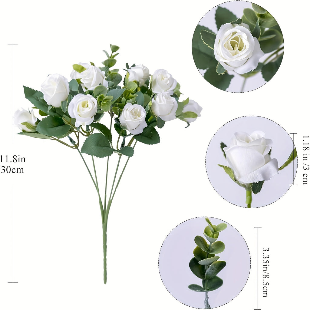 4 Bunches of Realistic Artificial Roses - Vibrant Pink, Red, White And Green Plastic Faux Flowers, Suitable for Valentine'S Day, Weddings, Home Decoration, Indoor/ Outdoor Flower Arrangements (No Maintenance Required)