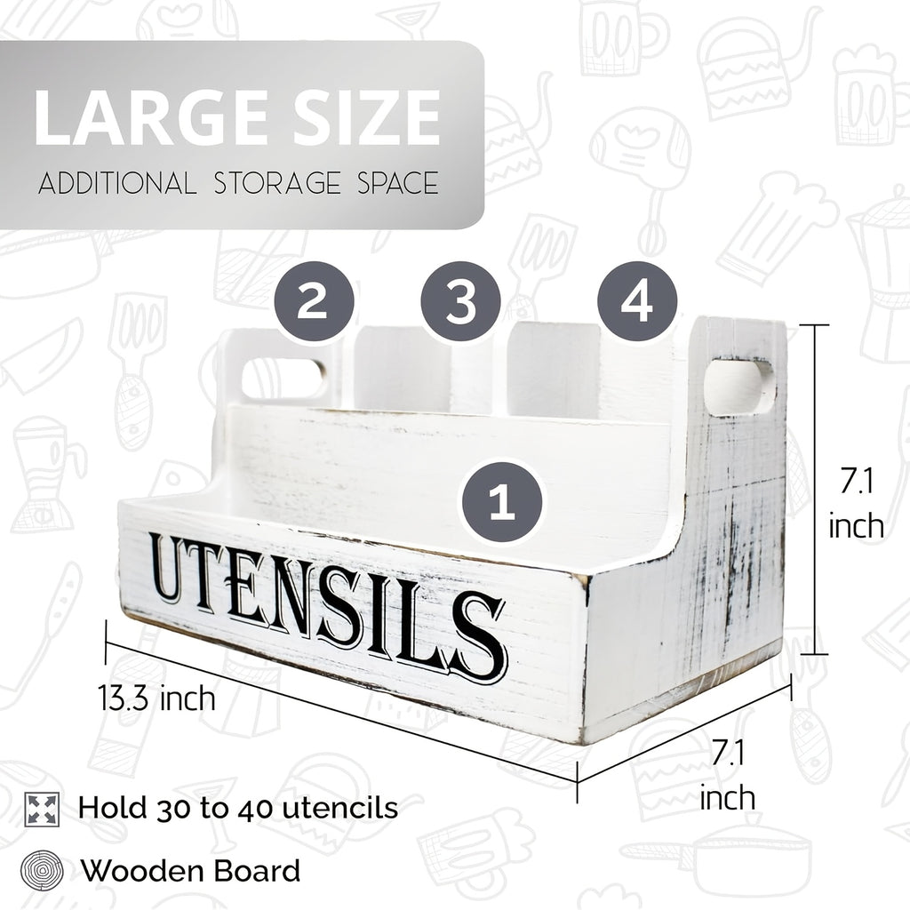 Extra Large Kitchen Utensil Organizer with 4 Compartments, White Wooden Kitchen Utensil Organizer for Kitchen Countertops, Farmhouse Utensil Storage, Rustic Cooking Utensils - White.