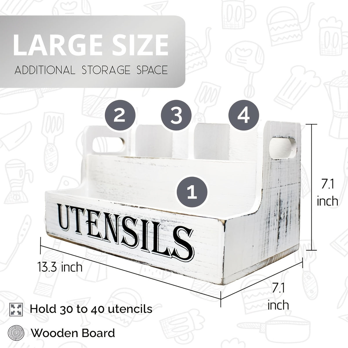 Extra Large Kitchen Utensil Organizer with 4 Compartments, White Wooden Kitchen Utensil Organizer for Kitchen Countertops, Farmhouse Utensil Storage, Rustic Cooking Utensils - White.