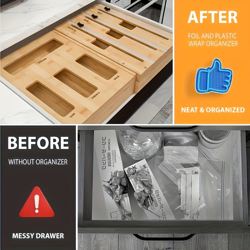 1pc 9 IN 1 Storage Bag Organizer for Kitchen Drawer, Bamboo Foil And Plastic Wrap with Cutter, Organizers Compatible Gallon, Quart, Sandwich Snack Size