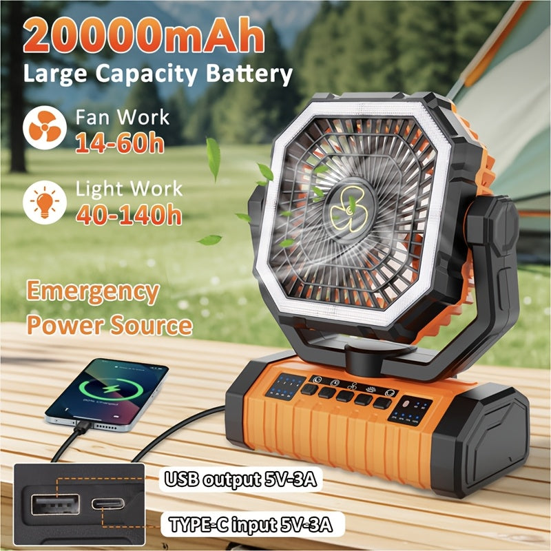 20000Mah Portable LED Camping Fan with Built-In Light, Rechargeable Fan, USB Rechargeable Outdoor Fan for Tents, Hiking, Fishing - Rugged Compact Design, Green And Orange, Hiking Essentials, Sturdy Handle Feature, Camping Additions