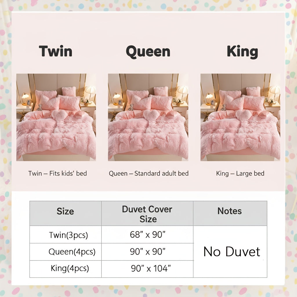 3/4pcs Plush Faux Fur Comforter Cover Set for Kids & Teens - Includes Pillowcases + Plush Heart Pillow - Twin/ Queen/ King Sizes - Super Soft, Warm, Machine Washable (Duvet Cover Only, No Comforter)