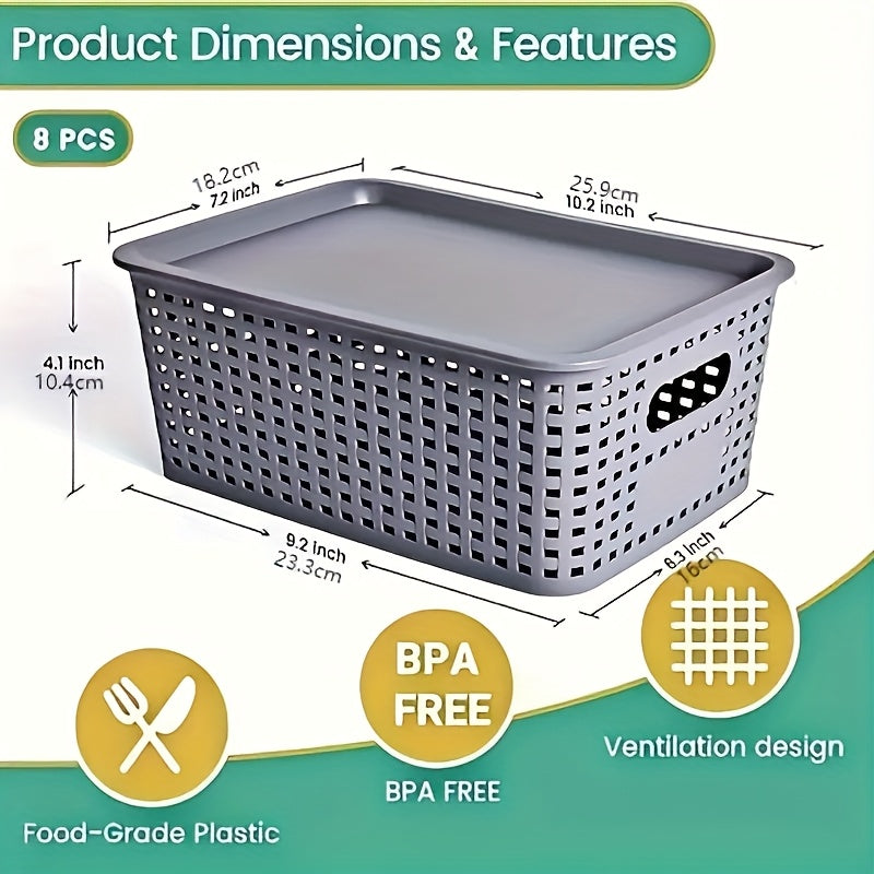 8pcs Plastic Storage Basket Set with Lids, Elegant And Spacious - Suitable for Desktop Organization, Document Storage, Storage, Home Organization - Multi-Functional Shelf Baskets