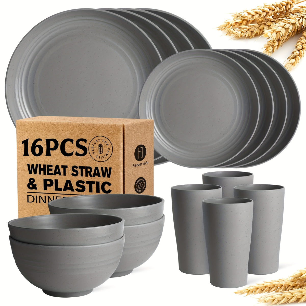 32/16pcs Wheat Straw Large Size Tablesware Set, Unbreakable Modern Dish Set-Plate/Dessert Plate/Bowl/Cup, Lightweight Wheat Straw Dinnerware Set, Dishwasher And Microwave Safe, Lightweight Tableware, Gift for Chrismas