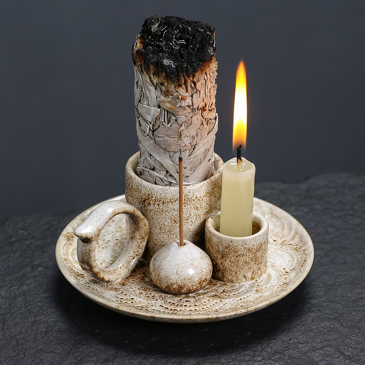 1pc Premium Ceramic Incense Burner, 4-in-1 with Handle, Suitable for Incense Sticks, Sage, Candle Holder, Perfect Ash Collection, Exquisite Home Decor Tray, Ideal for Yoga, Meditation, Housewarming, Gifts for Friends and Family