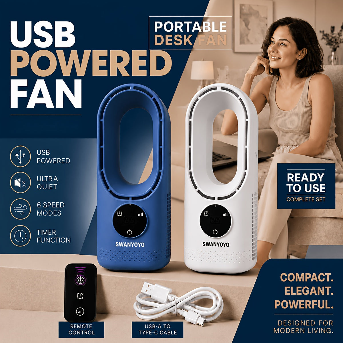 Portable Fan, USB Tower Fan, Desktop Bladeless Fan - Optional Remote Control, Touch Screen, Multi-speed Adjustment, Timer Function And Intelligent Shutdown - Perfect For Offices, Travel, Camping And Home Necessities