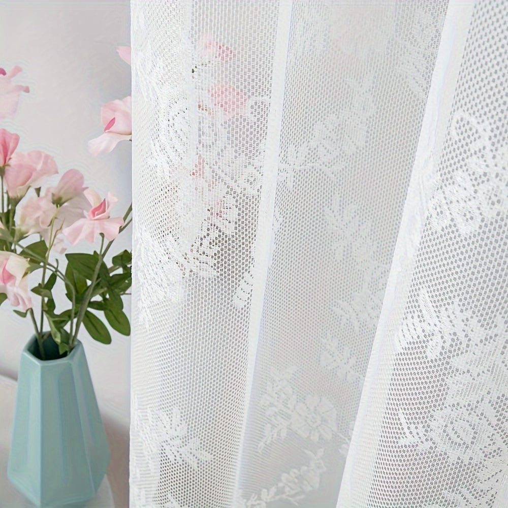 Romantic Pastoral Lace Sheer Curtain for Balcony and Office, Translucent Window Drapery with Floral Pattern, Machine Washable Polyester, Rod Pocket Design - 1pc