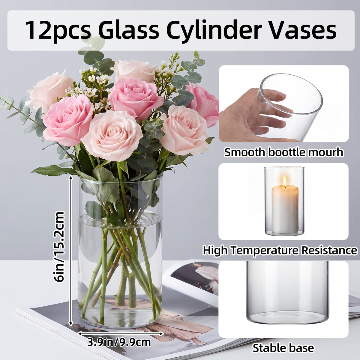 12/24pcs Glass Cylinder Vases for Centerpieces, Flower Vases Wedding Decorations, Floral Vase Bulk for Home DecorBanquet Party Festival Wedding Home Restaurant Table Decor, 6x3.4in