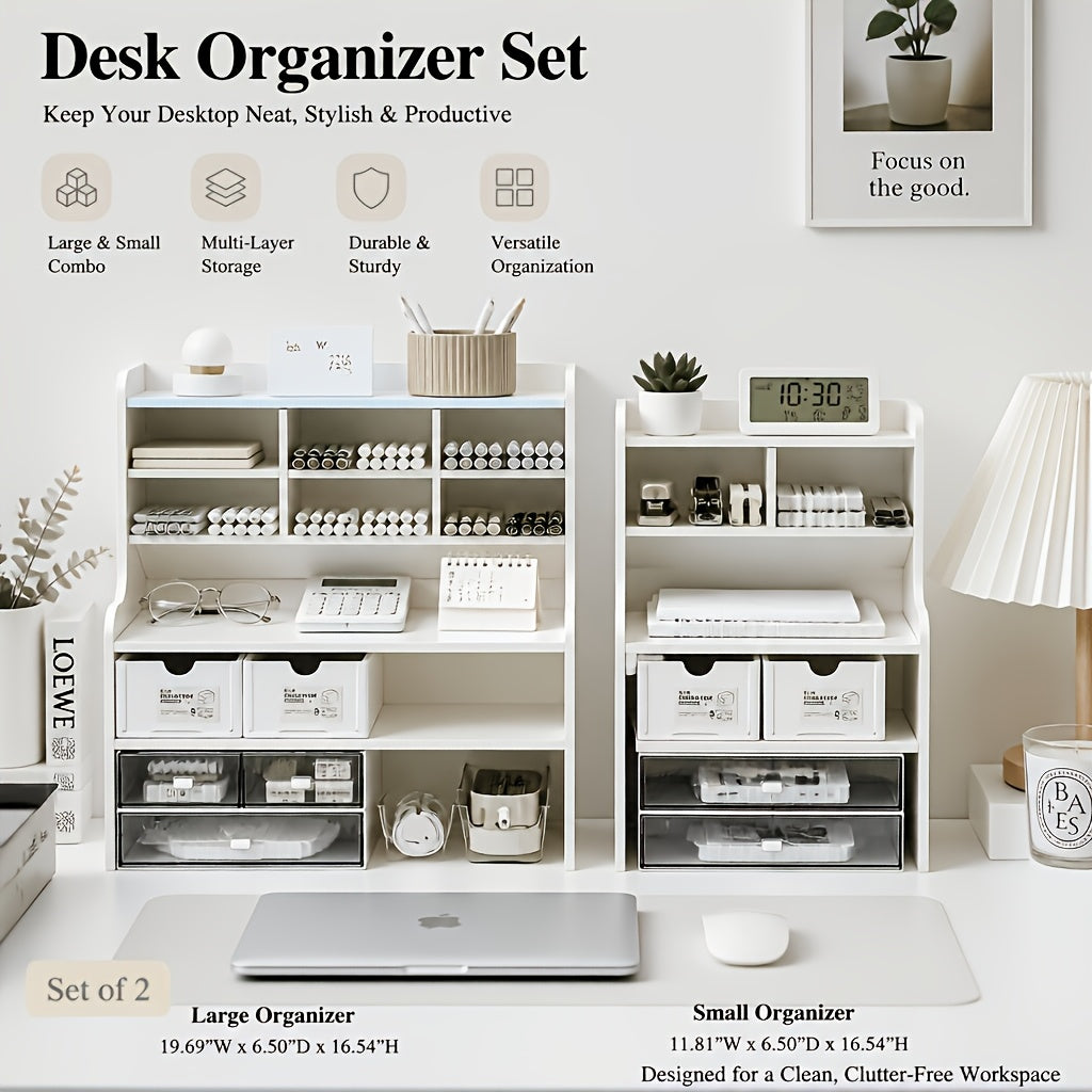 1pc Modern 2-Tier Desk Organizer with Drawer Storage & Tilt Pen Holder - Raised Bookshelf Suitable for Stationery, Cosmetics, Office Supplies, Space-Saving Partition Shelf, Lightweight PVC Storage Box for Office, Dormitory, Partition Box, Desk &