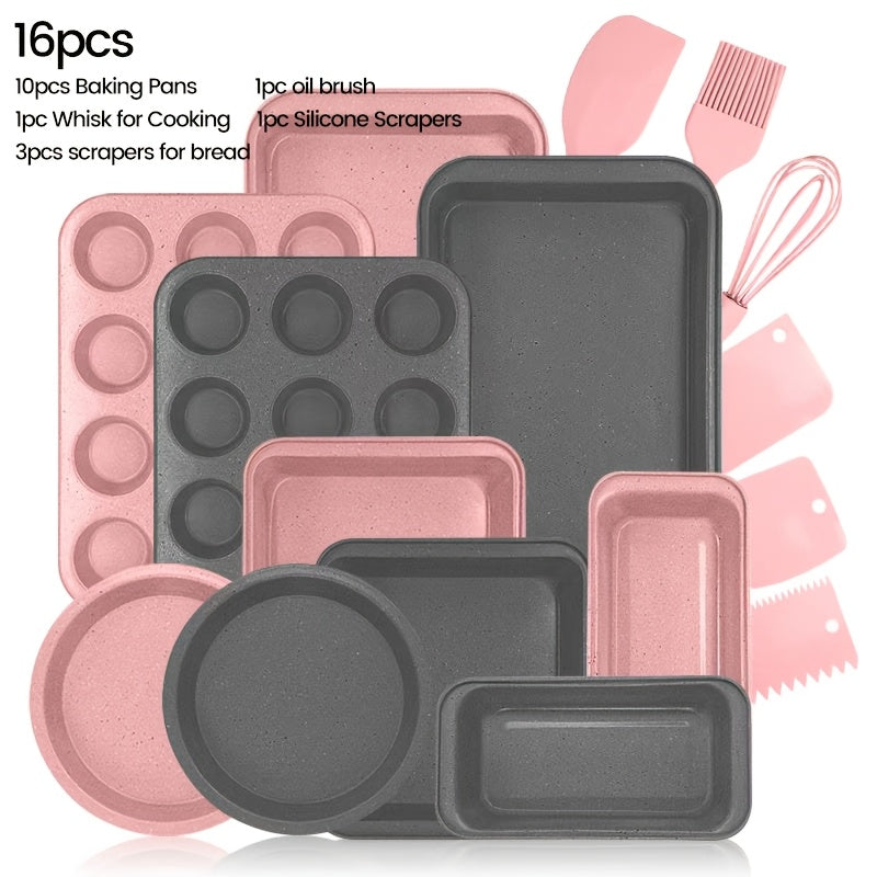 2/6/7/8/12/16/18pcs Nonstick Baking Pans Set Kitchen Baking Sheets Oven Bakeware Sets Round/Square Cake Pan Muffin Pan, Loaf Pan, Roast Pan, Cookie Sheet Baking Supplies Grey Measuring Spoon Scraper Rack Whisks Bread Bag Muffin Cups Spatulas