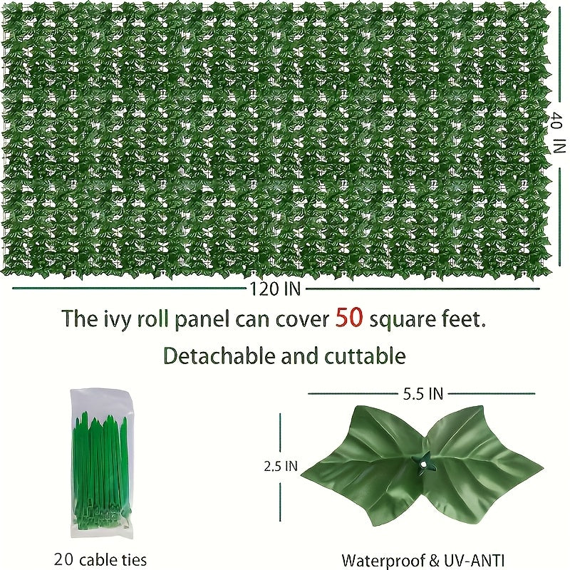 40x120 Inch Large Artificial Ivy Privacy Fence Panel - UV-Resistant Heavy Duty Plastic Leaf Screen with 20 Installation Ties, Realistic Evergreen Hedge Panel Suitable for Indoor/Outdoor Use, Easy Installation, No Maintenance Required - Privacy Fence