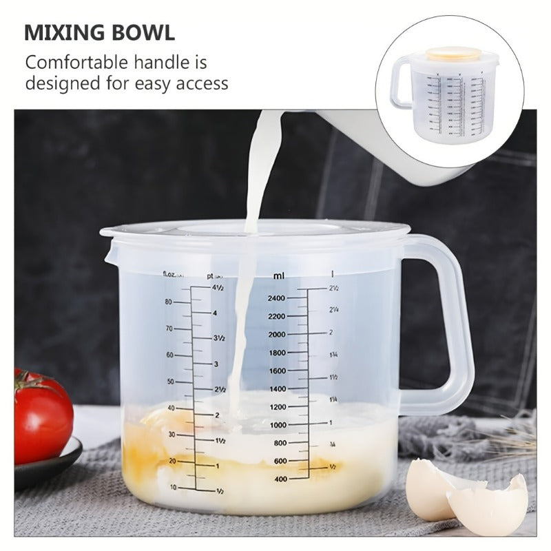 Multi Functional Mixing Bowl with Lid, 84.54oz Large Capacity, Equipped with Measuring Cup and Scale. Splash Proof Design, Durable Plastic, Perfect for Salad Making, Baking and Food Storage.