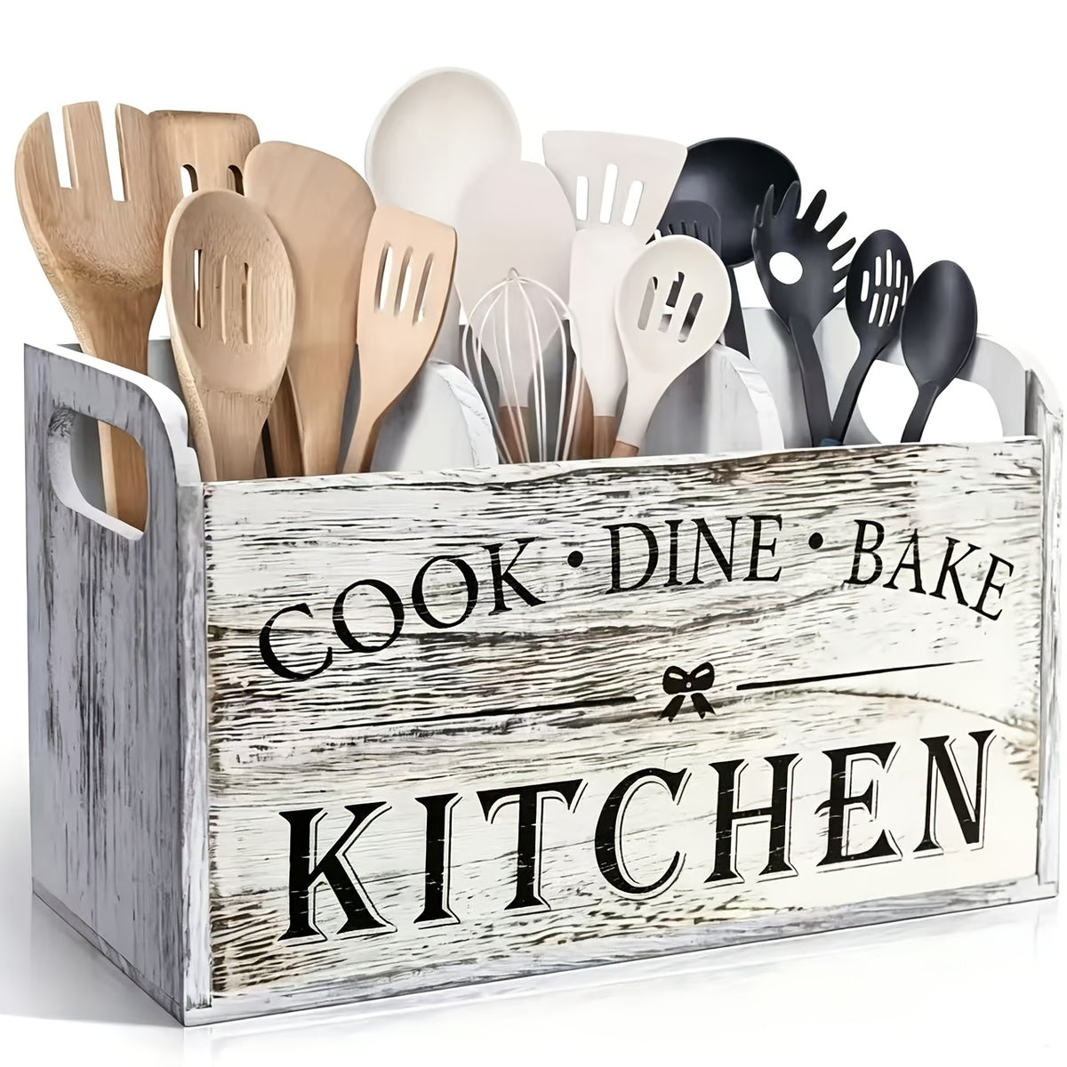 Rustic Wooden Kitchen Utensil Holder, 1pc 3-Compartment Storage Box, Kitchen Must Haves, Countertop & Wall-Mounted Organizer, Wood Material, Kitchen Accessories For Cook, Eat, Bake Tools, Kitchen Organizers And Storage