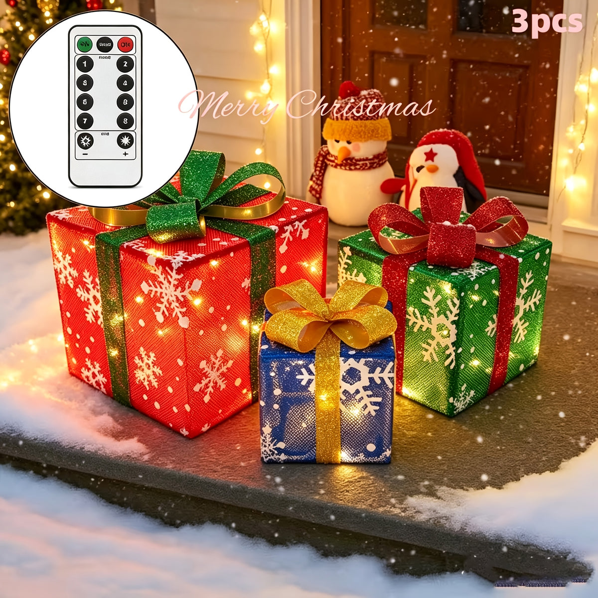 3-Pack 75-LED Christmas Gift Box Light Set - Warm Light Holiday Decoration, Indoor And Outdoor Use, IP66, with Remote Control And Timer, 8 Modes Flashing Gift Boxes, Home Ornament; Christmas Decoration, Outdoor Christmas Lights