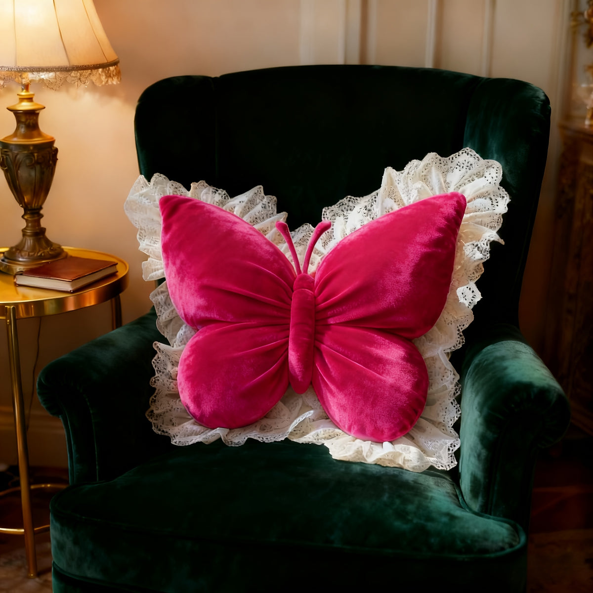 Butterfly-Shaped Decorative Pillow Home Decor Cushion with White Lace Trim Luxurious Velour Fabric And Fill Lumbar Support Cushion for Sofas, Beds, Cars, Offices - Perfect Gift for Women, Housewarming, Christmas, Valentine'S Day Machine Washable