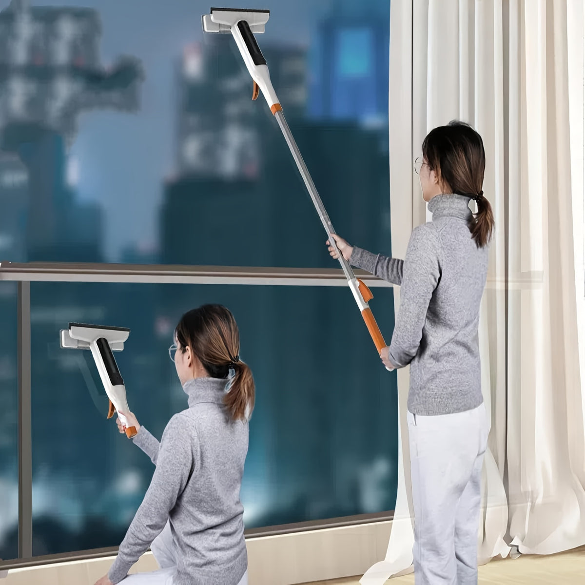 [3-in-1 Glass Cleaning] 3-in-1 Glass Cleaning Kit - Durable Metal Pole, Scraper Included - Ideal for High Windows, Shower Doors & Car Windshields - Essential Home Cleaning Tool