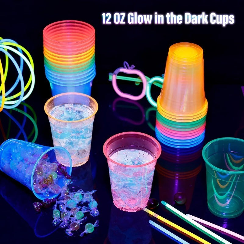 100pcs Plastic for Neon Cups, 12/16Oz Disposable Glowing Cups for Neon Party Decorations, Colorful Glow-In-The-Dark Suitable for Carnival Parties, Christmas, Thanksgiving, Halloween Holidays