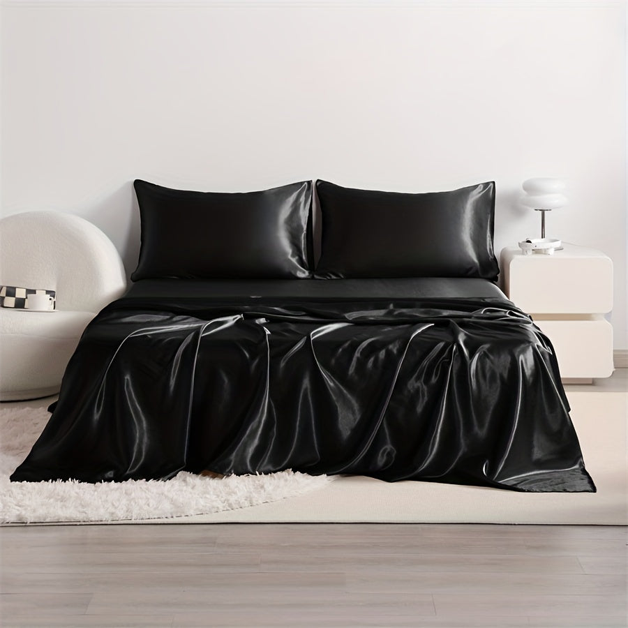 4pcs Cooling Satin Bed Sheet Set, Shrink-Resistant, Fade-Resistant, Hypoallergenic, Breathable,Flat Sheet & Fitted Sheet & Pillowcase Set with Deep Pocket, 300 Gsm