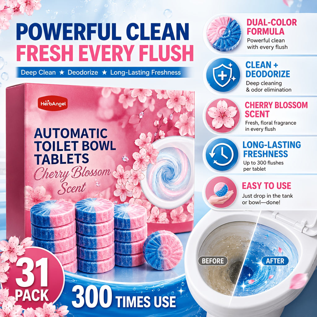 Automatic Toilet Bowl Tablets Suitable for Household Toilets - Cherry Blossom Scent Suitable for Plastic Tank Cleaners, Dual Color Water Soluble Film with Urine Scale Remover, Long Lasting Fragrance Tablets for Deep Stain Elimination